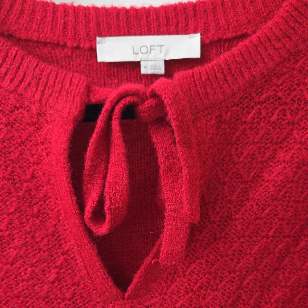 LOFT Red V-Neck Sweater with Tie Detail - Picture 2 of 4